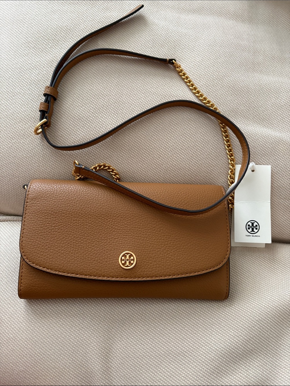 Tory Burch Tan Pebbled Leather Crossbody with Gold Hardware